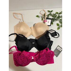 Set Of 3 Womens 34B Padded Bras Beige Black Pink Leopard Lace Adjustable Straps